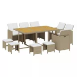 11 részes bézs polyrattan kerti étkezőgarnitúra párnákkal
