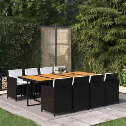   9 részes fekete polyrattan kerti étkezőgarnitúra párnákkal