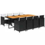 9 részes fekete polyrattan kerti étkezőgarnitúra párnákkal