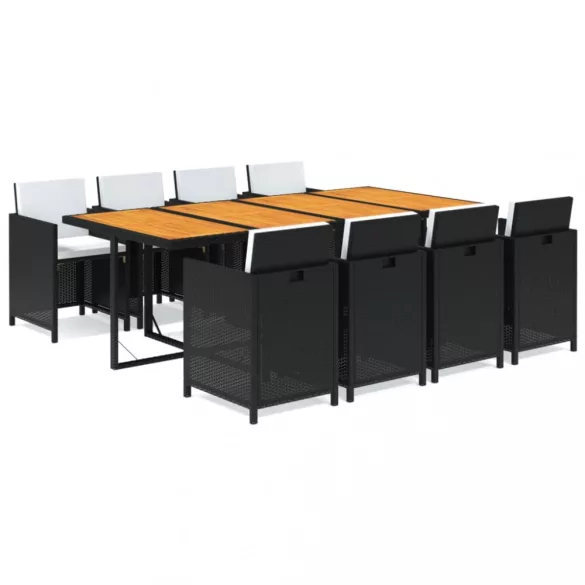 9 részes fekete polyrattan kerti étkezőgarnitúra párnákkal