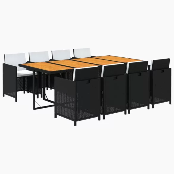 9 részes fekete polyrattan kerti étkezőgarnitúra párnákkal