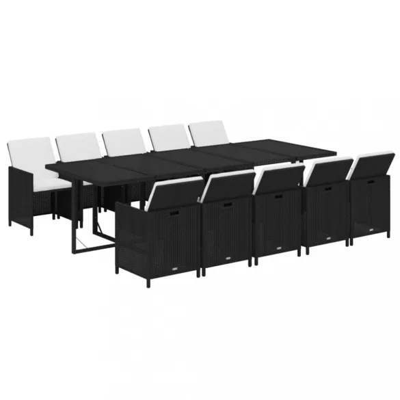 11 részes fekete polyrattan kerti étkezőgarnitúra párnákkal