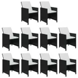 11 részes fekete polyrattan kerti étkezőgarnitúra párnákkal