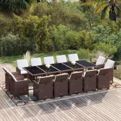   15 részes barna polyrattan kerti étkezőgarnitúra párnákkal