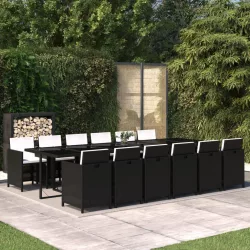   13 részes fekete polyrattan kerti étkezőgarnitúra párnákkal