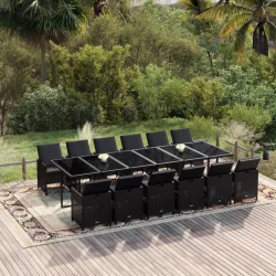   13 részes fekete polyrattan kerti étkezőgarnitúra párnákkal