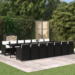   15 részes fekete polyrattan kerti étkezőgarnitúra párnákkal