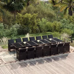   15 részes fekete polyrattan kerti étkezőgarnitúra párnákkal