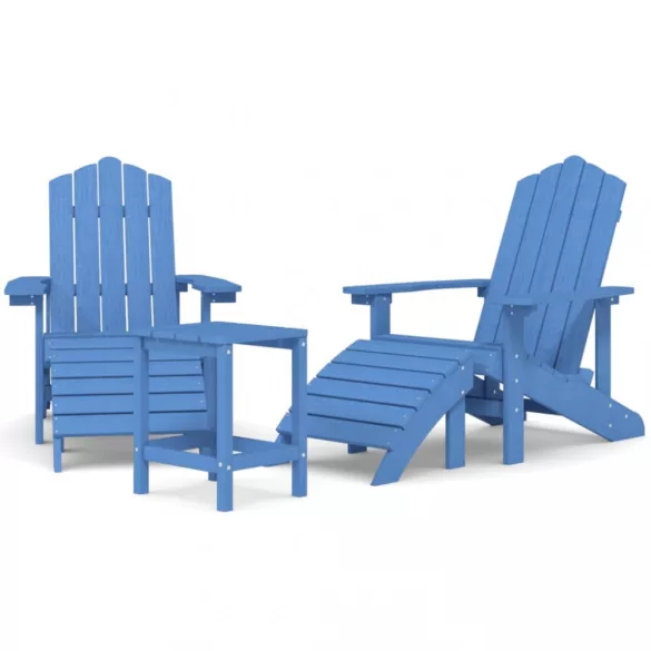 vízkék HDPE kerti adirondack székek lábtartóval és asztallal
