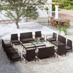   16 részes fekete polyrattan kerti ülőgarnitúra párnákkal