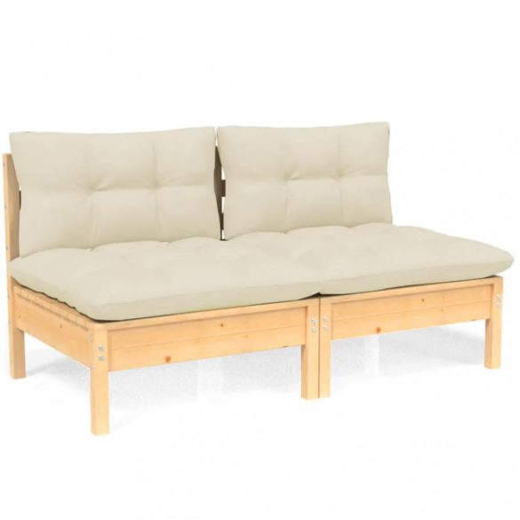 kétszemélyes tömör fenyőfa kerti kanapé krémszínű párnákkal