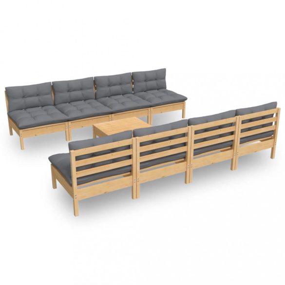 9 részes tömör fenyőfa kerti ülőgarnitúra szürke párnákkal