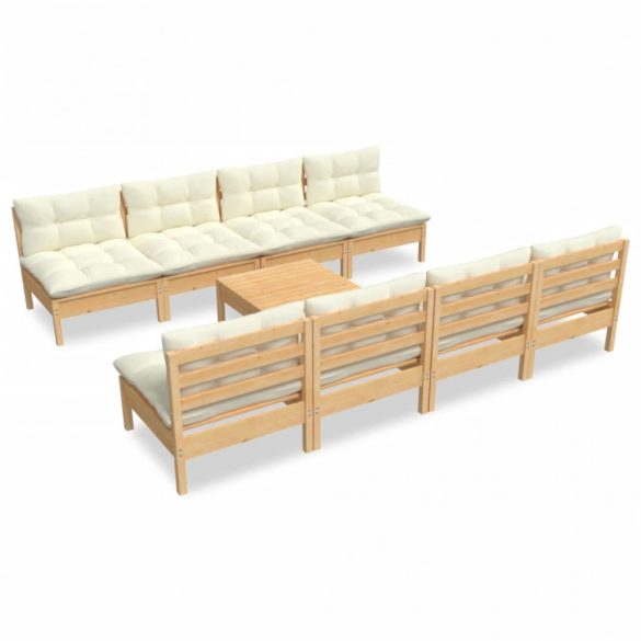 9 részes tömör fenyőfa kerti ülőgarnitúra krémszínű párnákkal