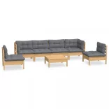 7 részes tömör fenyőfa kerti ülőgarnitúra szürke párnákkal