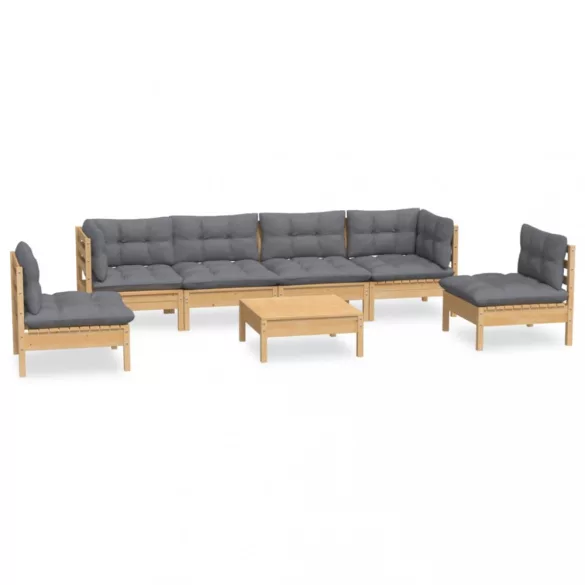 7 részes tömör fenyőfa kerti ülőgarnitúra szürke párnákkal