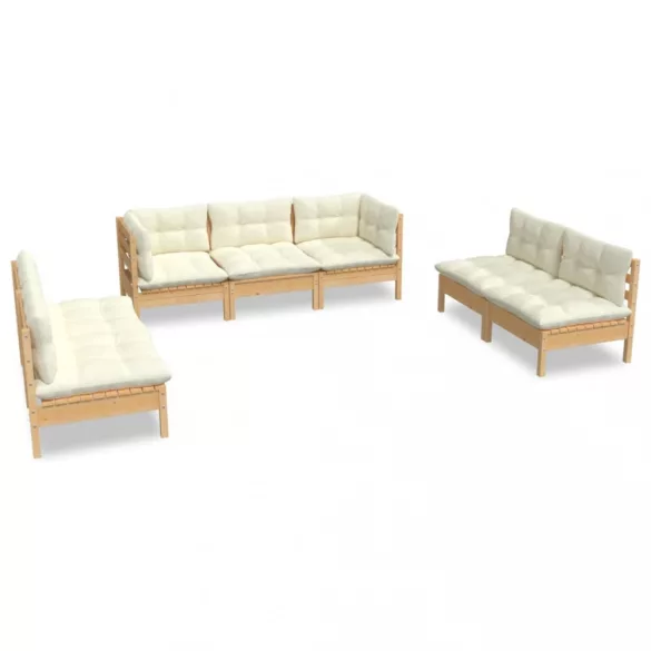 7 részes tömör fenyőfa kerti ülőgarnitúra krémszínű párnákkal