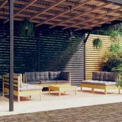   8 részes tömör fenyőfa kerti ülőgarnitúra szürke párnákkal