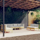 8 részes tömör fenyőfa kerti ülőgarnitúra krémszínű párnákkal