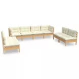 8 részes tömör fenyőfa kerti ülőgarnitúra krémszínű párnákkal