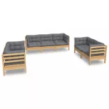 7 részes tömör fenyőfa kerti ülőgarnitúra szürke párnákkal