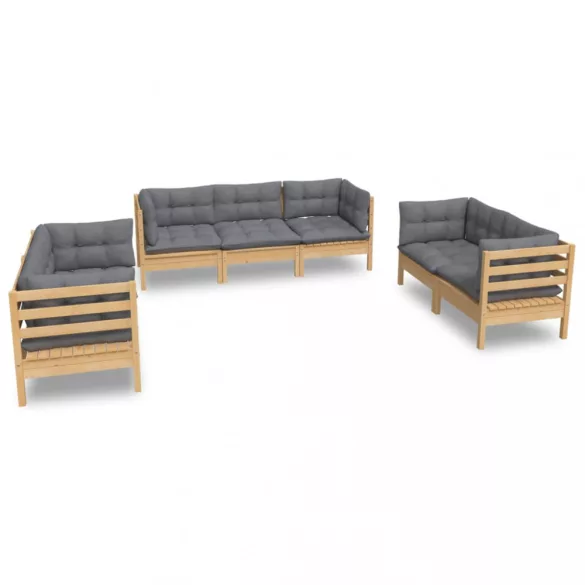 7 részes tömör fenyőfa kerti ülőgarnitúra szürke párnákkal