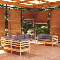   8 részes tömör fenyőfa kerti ülőgarnitúra szürke párnákkal