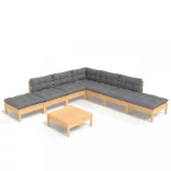 8 részes fenyőfa kerti ülőgarnitúra szürke párnákkal