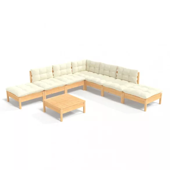 8 részes fenyőfa kerti bútorgarnitúra krémszínű párnákkal