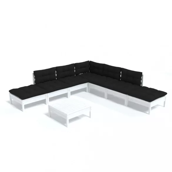 8 részes fehér fenyőfa kerti ülőgarnitúra párnákkal