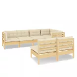 7 részes tömör fenyőfa kerti bútorgarnitúra krémszínű párnákkal