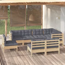   8 részes tömör fenyőfa kerti ülőgarnitúra szürke párnákkal
