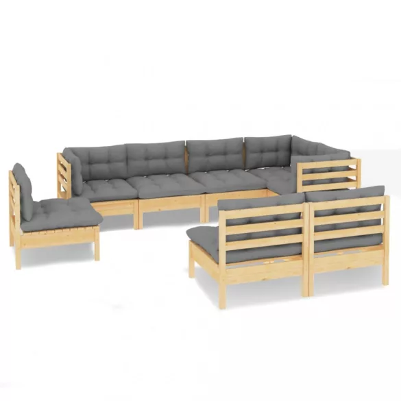 8 részes tömör fenyőfa kerti ülőgarnitúra szürke párnákkal