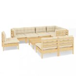 9 részes tömör fenyőfa kerti ülőgarnitúra krémszínű párnákkal