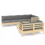 8 részes tömör fenyőfa kerti ülőgarnitúra szürke párnákkal