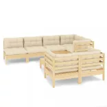 8 részes tömör fenyőfa kerti ülőgarnitúra krémszínű párnákkal