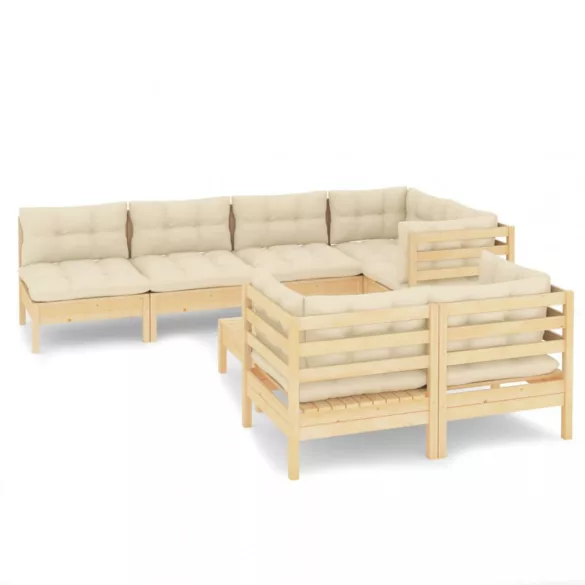 8 részes tömör fenyőfa kerti ülőgarnitúra krémszínű párnákkal