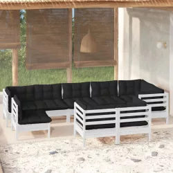   9 részes fehér tömör fenyőfa kerti ülőgarnitúra párnákkal