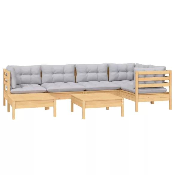 7 részes tömör fenyőfa kerti ülőgarnitúra szürke párnákkal