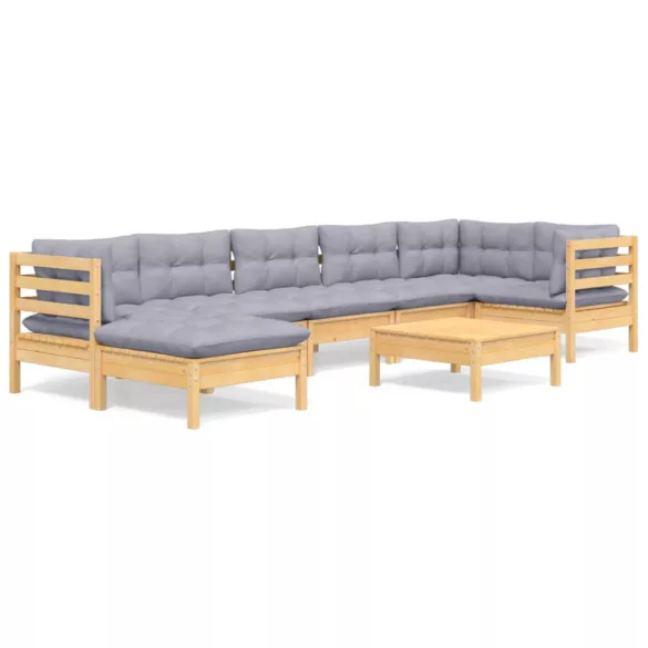 8 részes tömör fenyőfa kerti ülőgarnitúra szürke párnákkal