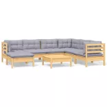 8 részes tömör fenyőfa kerti ülőgarnitúra szürke párnákkal