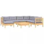 8 részes tömör fenyőfa kerti ülőgarnitúra szürke párnákkal