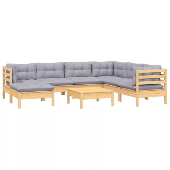 8 részes tömör fenyőfa kerti ülőgarnitúra szürke párnákkal