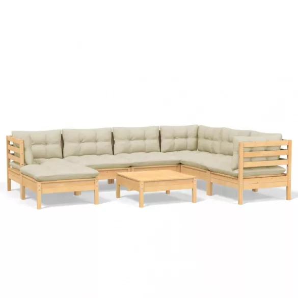 8 részes tömör fenyőfa kerti ülőgarnitúra krémszínű párnákkal