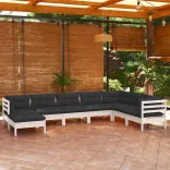 8 részes fehér tömör fenyőfa kerti ülőgarnitúra párnákkal