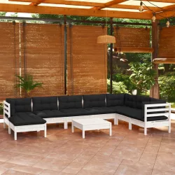   9 részes fehér tömör fenyőfa kerti ülőgarnitúra párnákkal