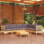 7 részes tömör fenyőfa kerti ülőgarnitúra szürke párnákkal