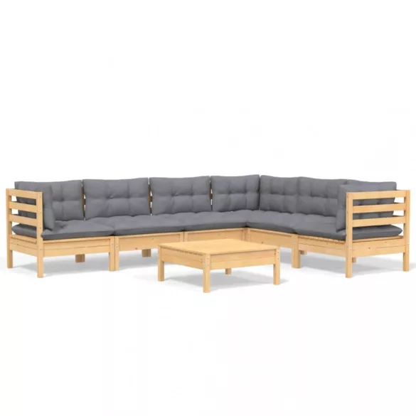 7 részes tömör fenyőfa kerti ülőgarnitúra szürke párnákkal