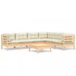 7 részes tömör fenyőfa kerti bútorgarnitúra krémszínű párnával