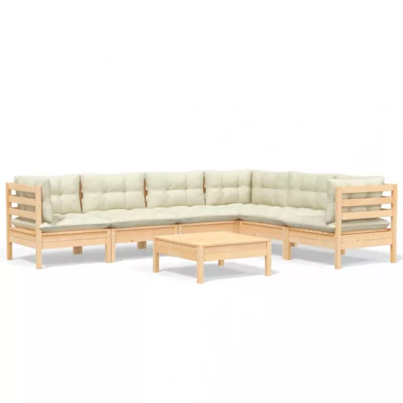 7 részes tömör fenyőfa kerti bútorgarnitúra krémszínű párnával