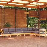 7 részes tömör fenyőfa kerti ülőgarnitúra szürke párnákkal